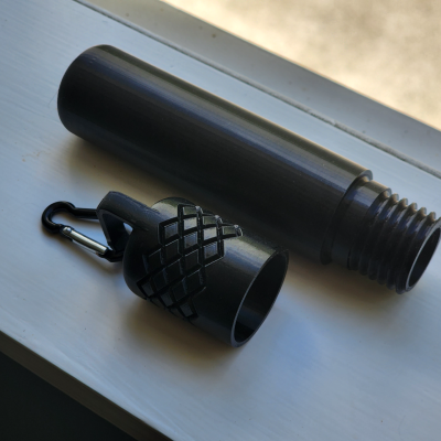 Black 3D printed single cigar holder tube with carabiner clip