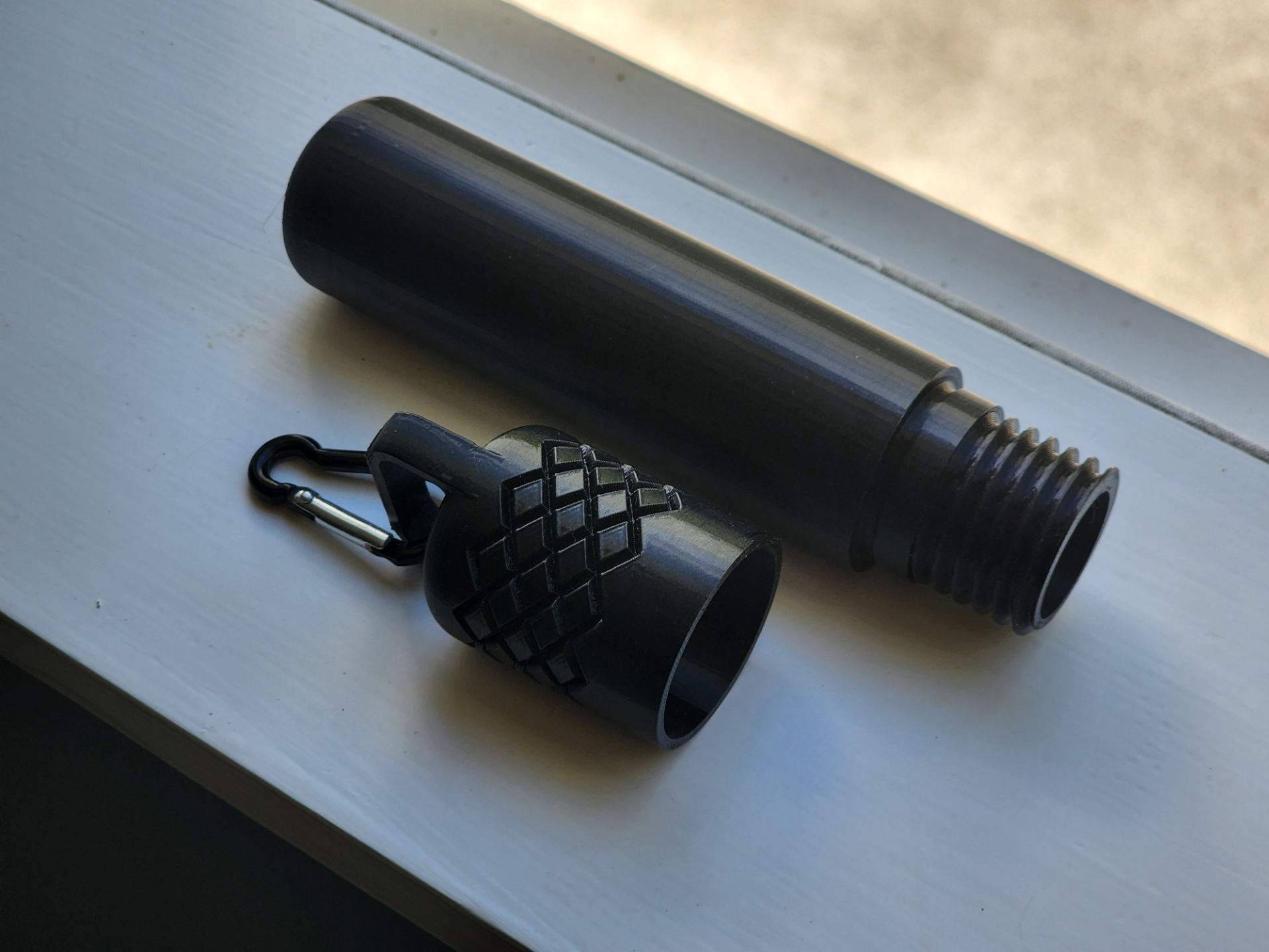 Black 3D printed single cigar holder tube with carabiner clip