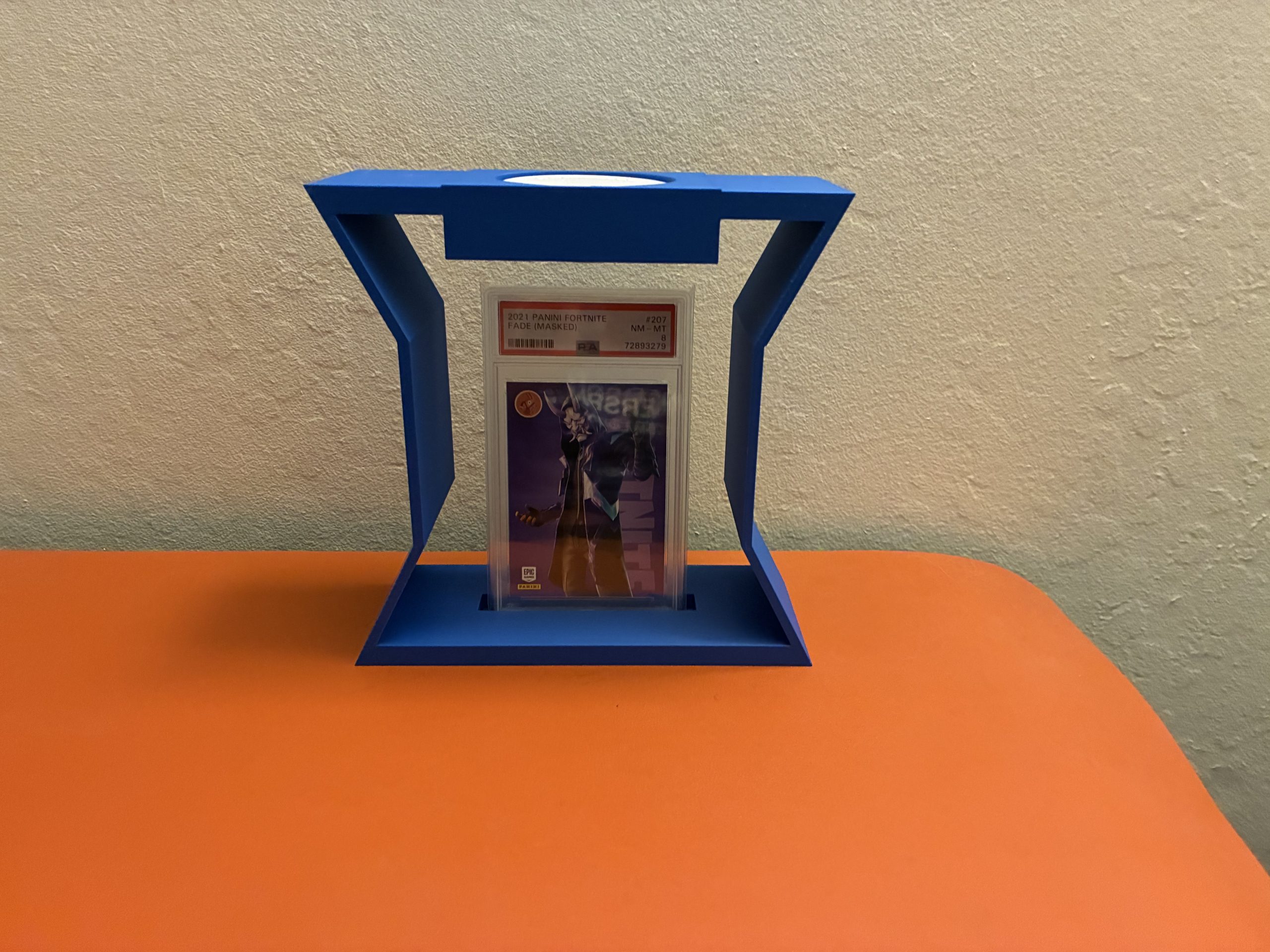 Blue hourglass graded card holder front view