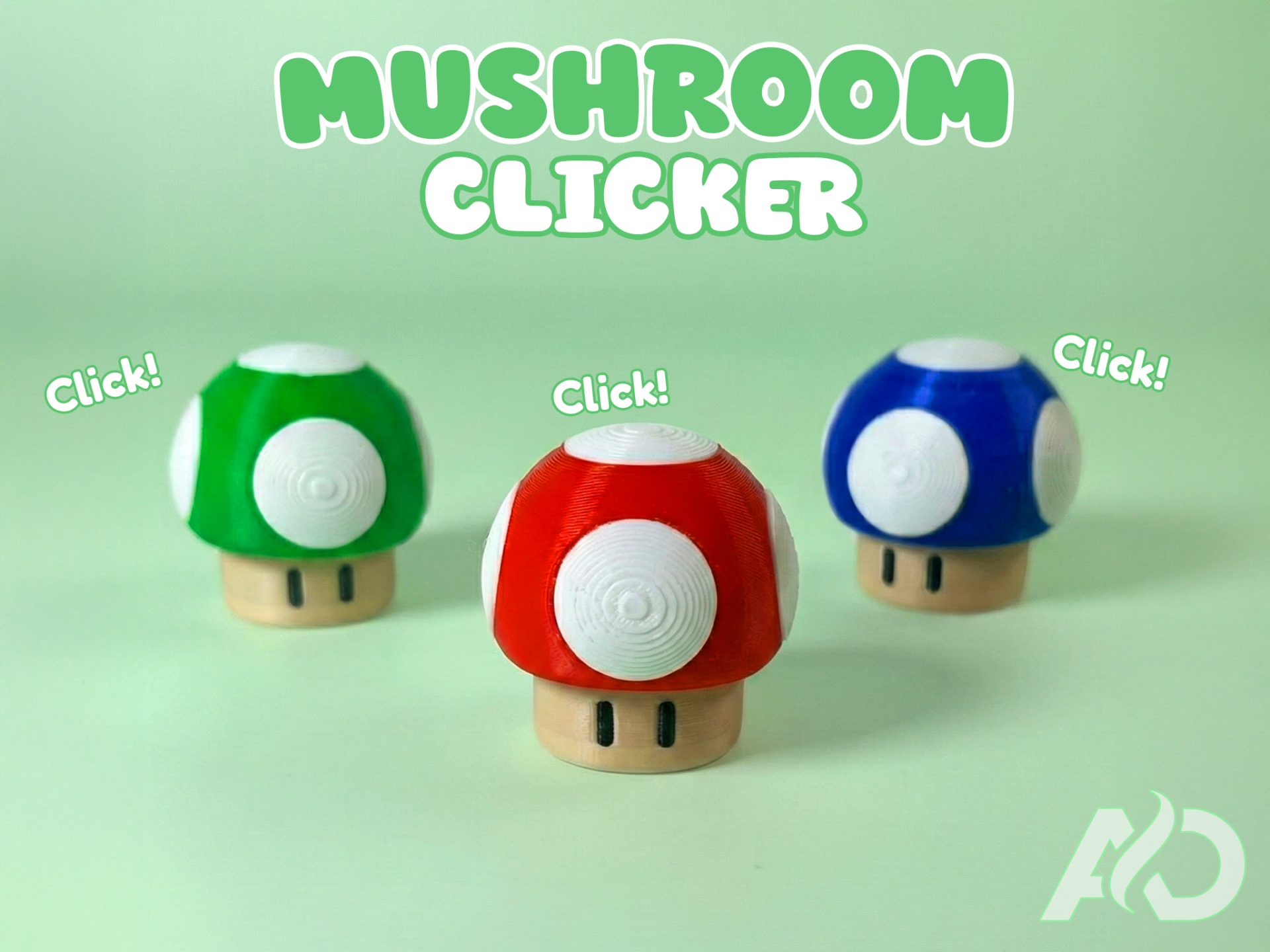 Mushroom clicker fidget toys in red, green, and blue