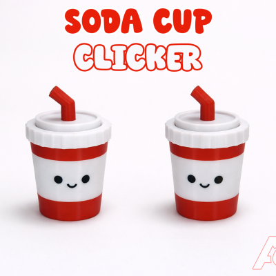 Soda Cup Clicker with red-and-white cup, lid, straw, and smiling face