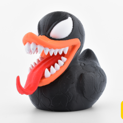 Black, white, red, and orange Venom-style duck collectible by The Duck Vault